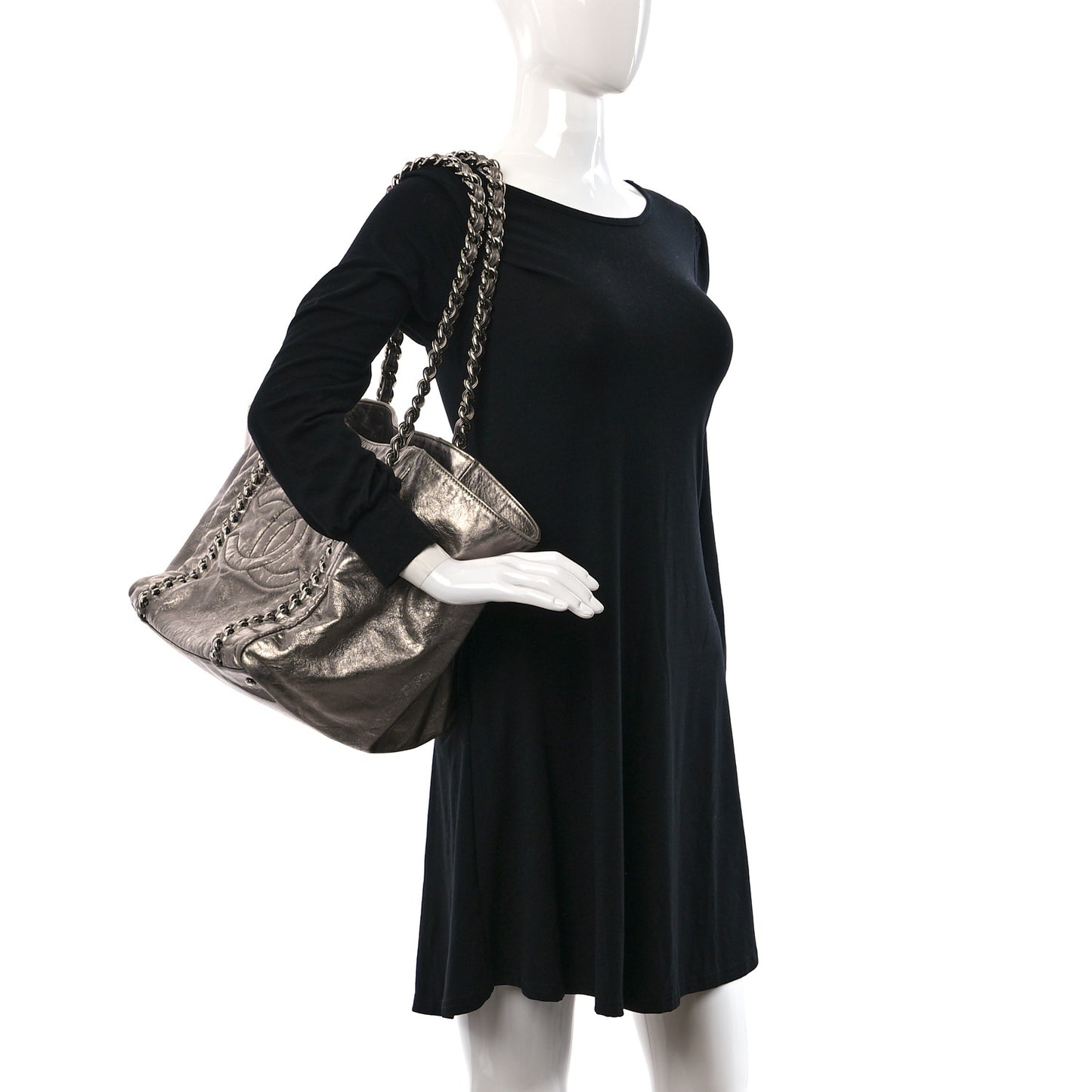 Metallic Cracked Calfskin Modern Chain Tote Dark Silver