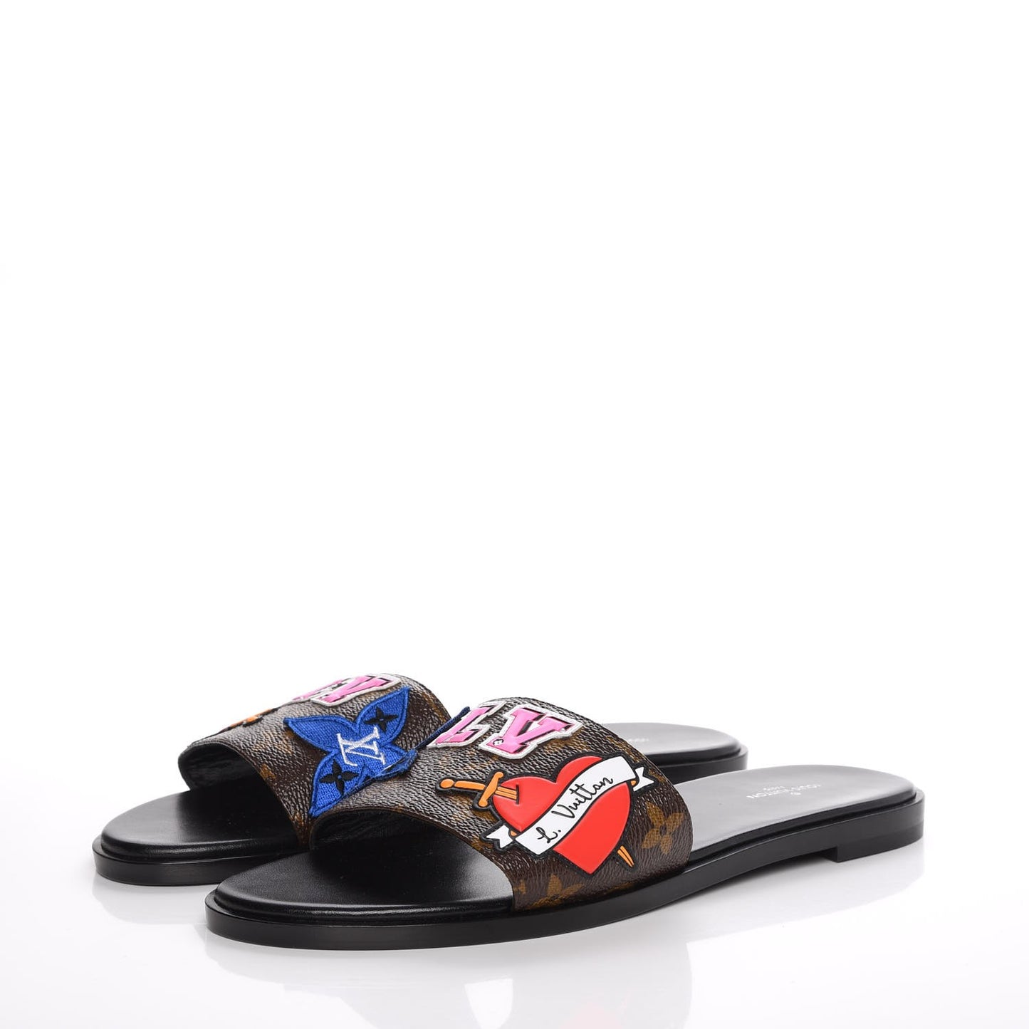 Patent Calfskin Monogram LV Black Heart Flat Mules 39 Cacao