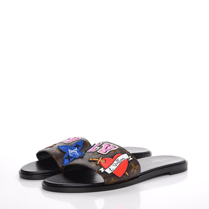Louis Vuitton Patent Calfskin Monogram LV Black Heart Flat Mules 39 Cacao 3 of 8
