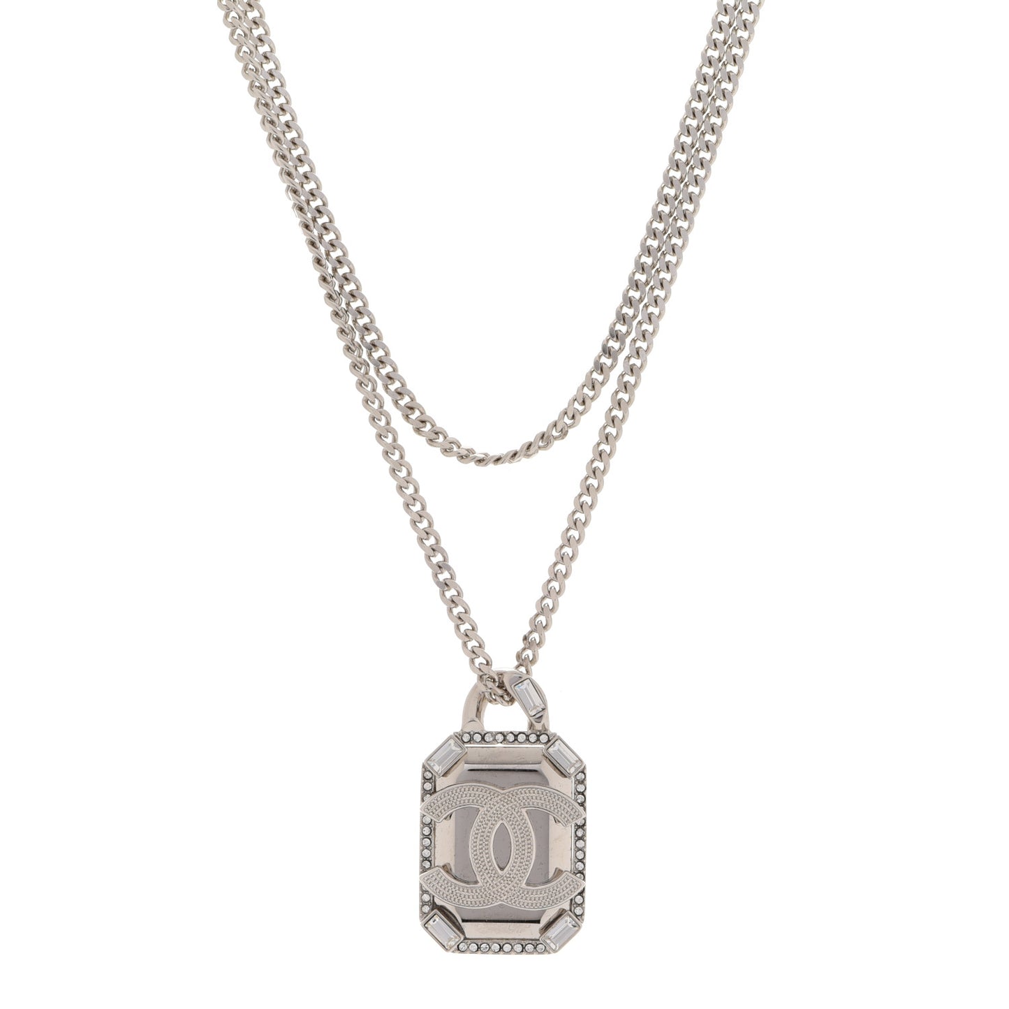 Crystal Baguette CC Mirror Pendant Necklace Silver