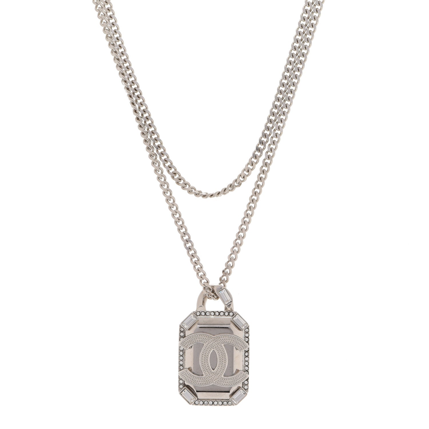 Chanel Crystal Baguette CC Mirror Pendant Necklace Silver 1 of 6