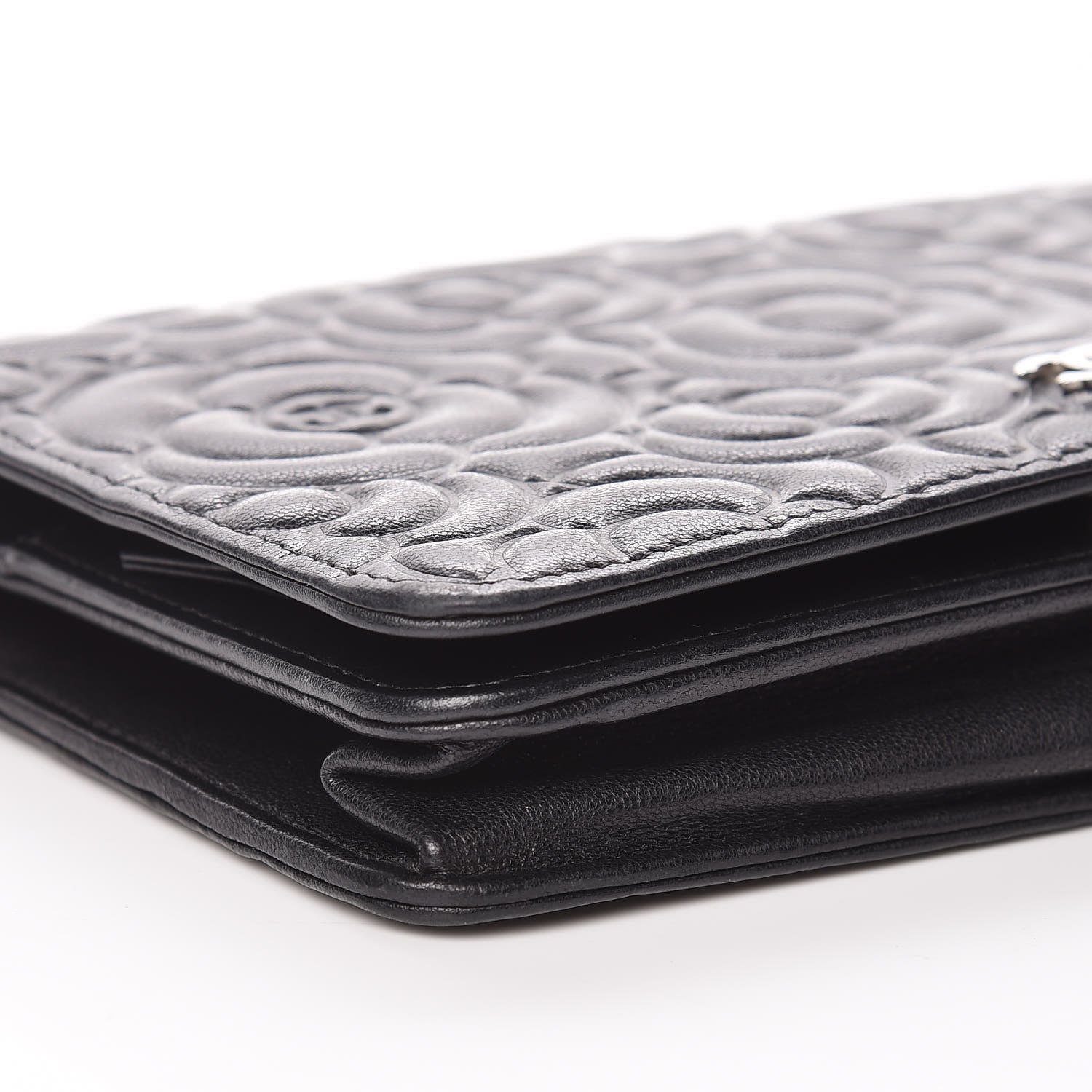 Chanel Lambskin Camellia Embossed Wallet On Chain WOC Black 16 of 19