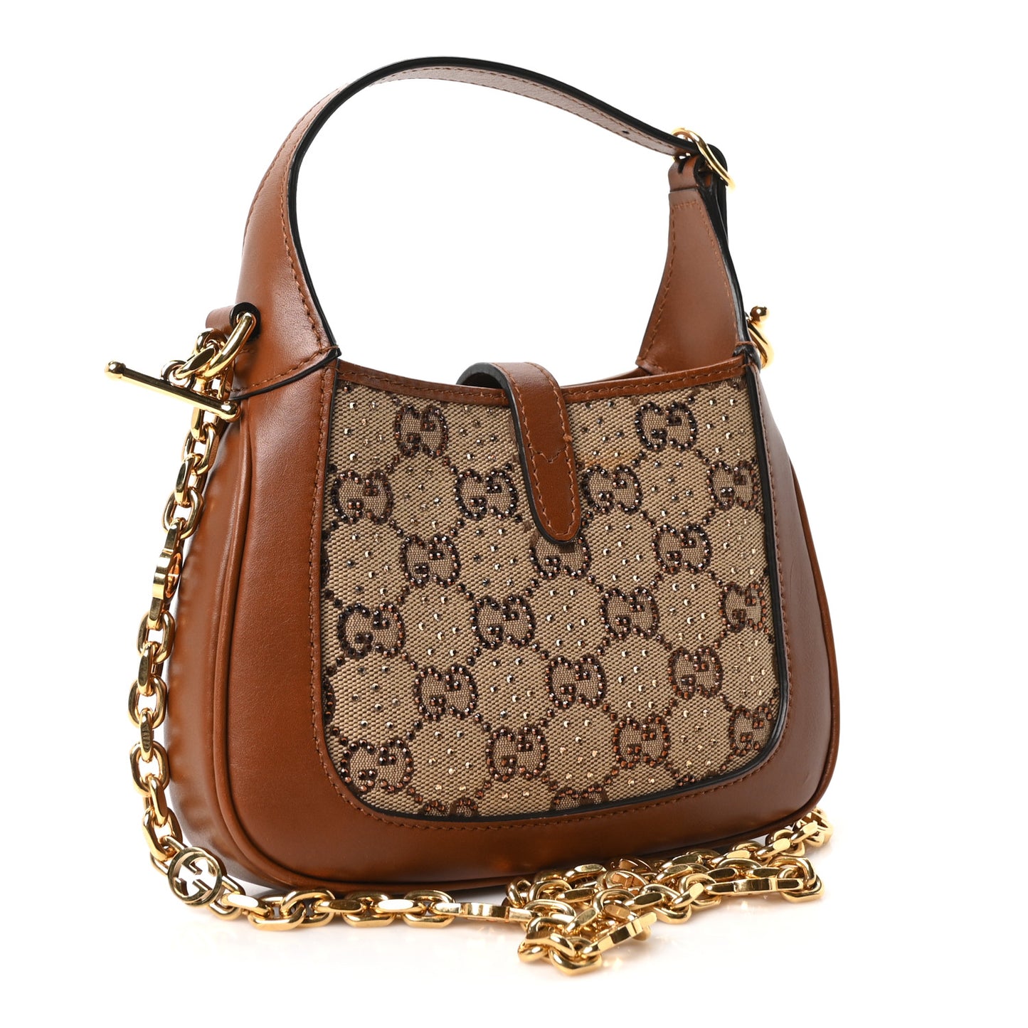 New Canvas Charisma Calfskin Crystal GG Monogram Mini Jackie 1961 Hobo Camel Ebony