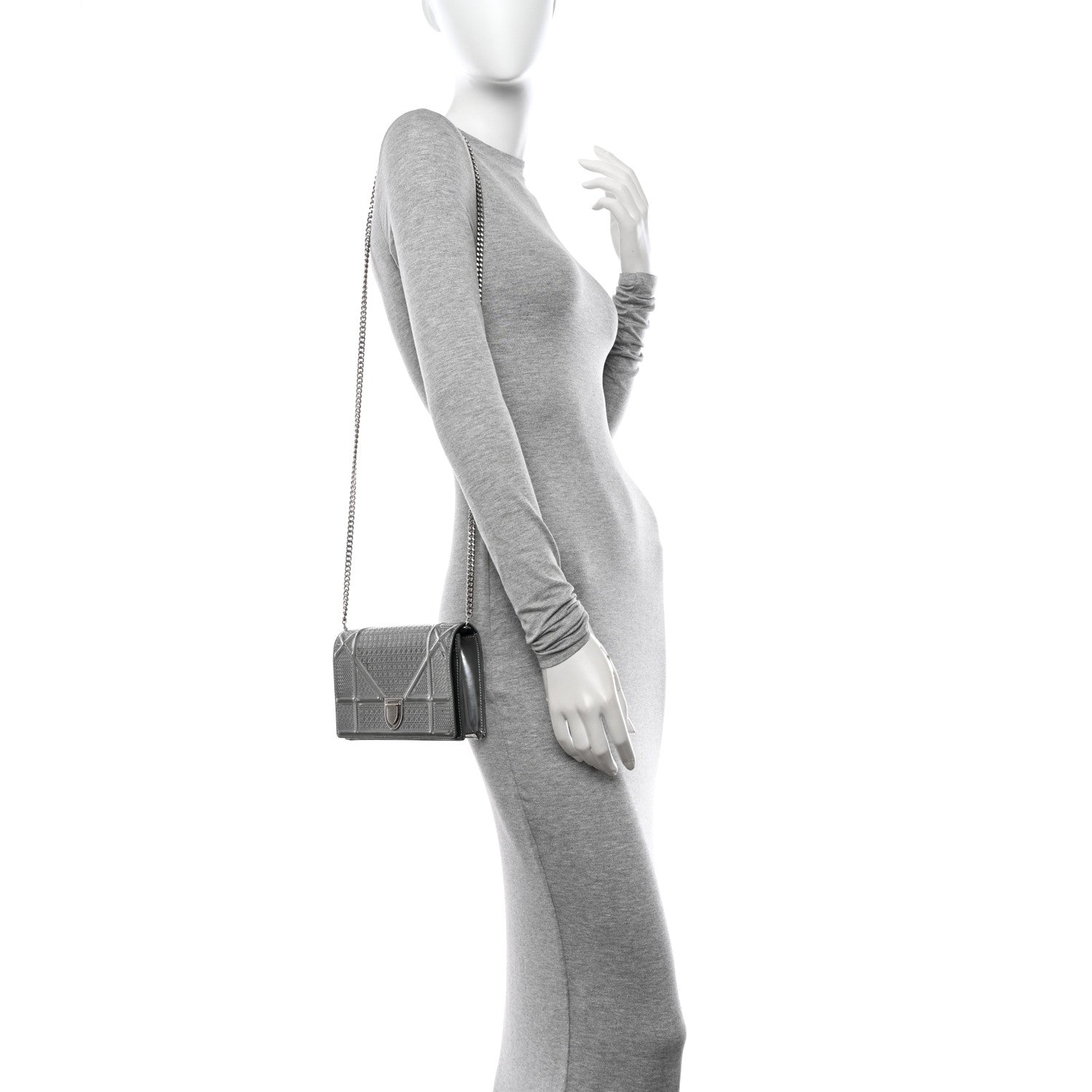 Christian Dior Metallic Patent Micro-Cannage Diorama Wallet on Chain Pouch Silver 2 of 14