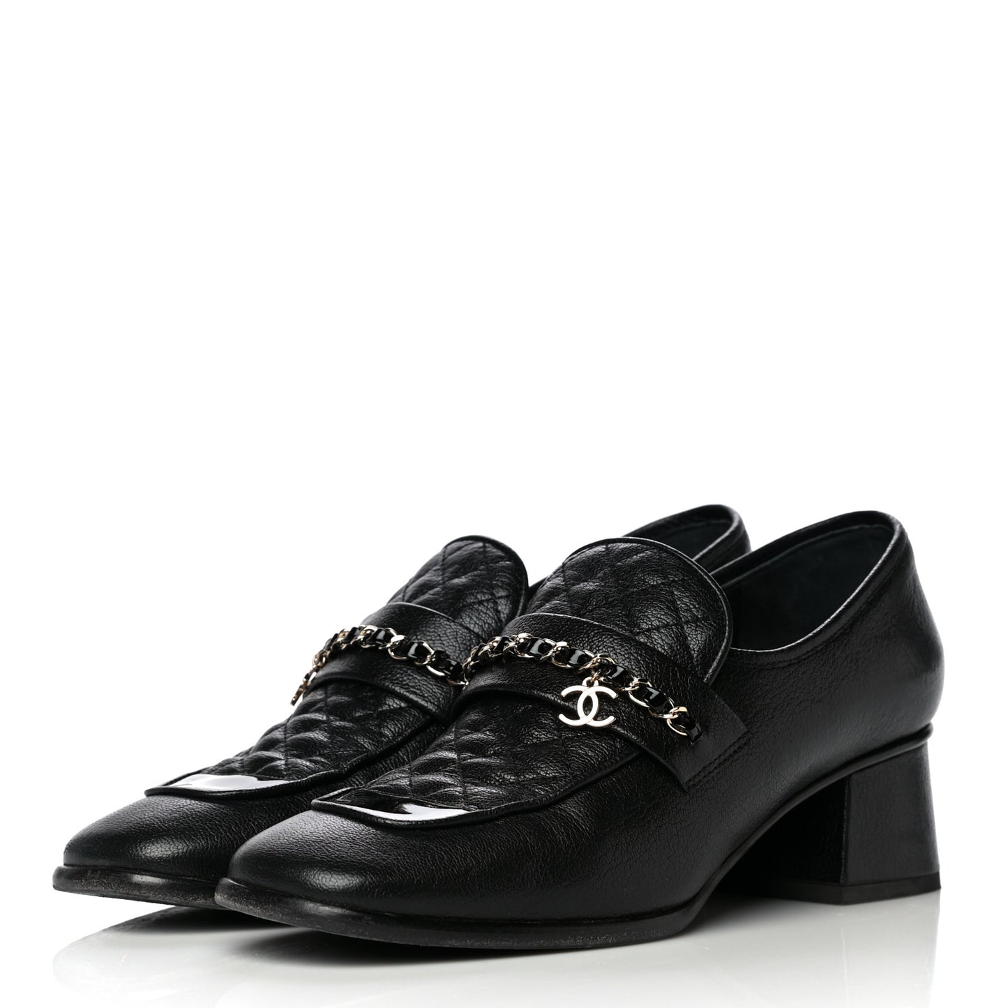 Calfskin Patent Quilted CC Chain Mocassin Loafers 39.5 Black