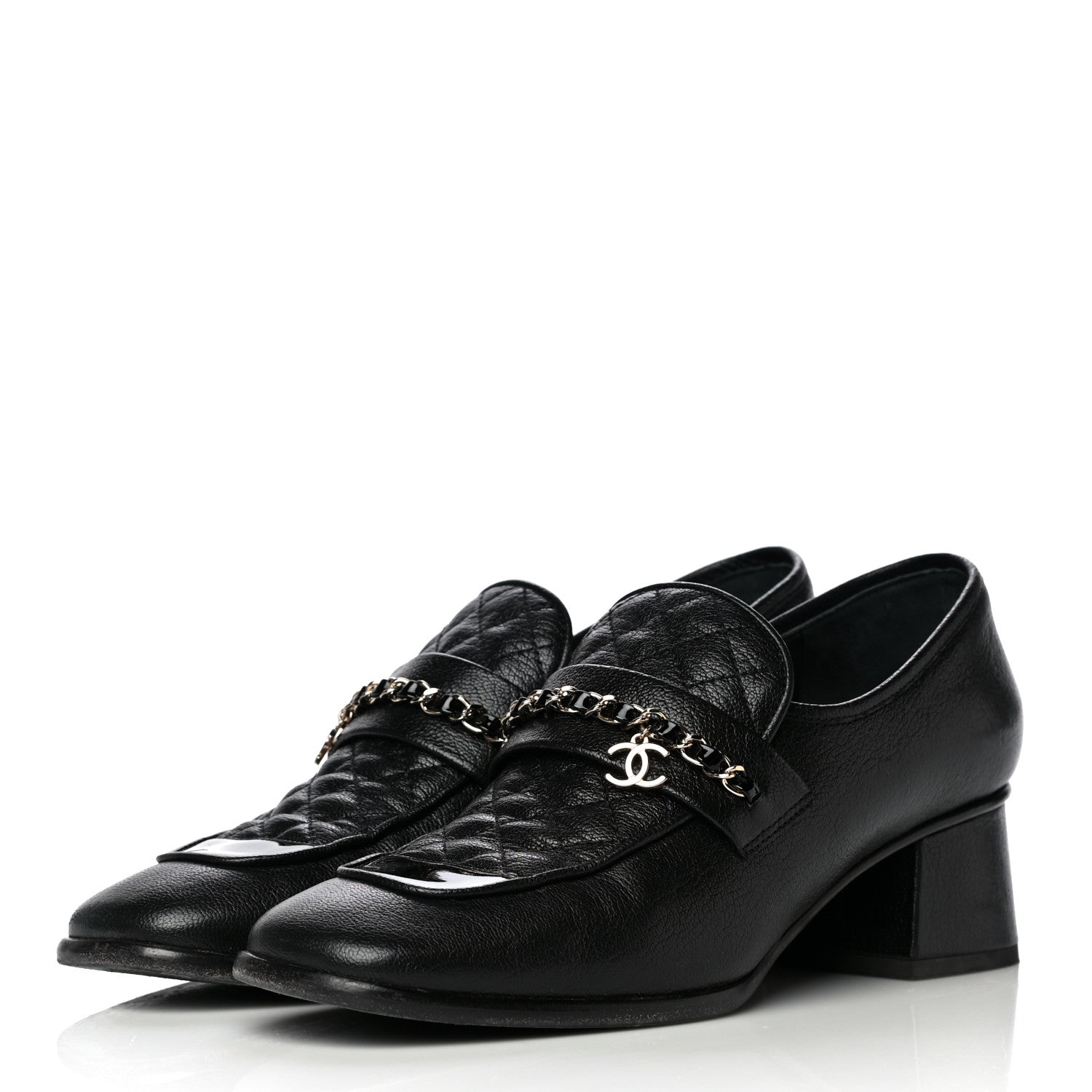 Chanel Calfskin Patent Quilted CC Chain Mocassin Loafers 39.5 Black 3 of 15