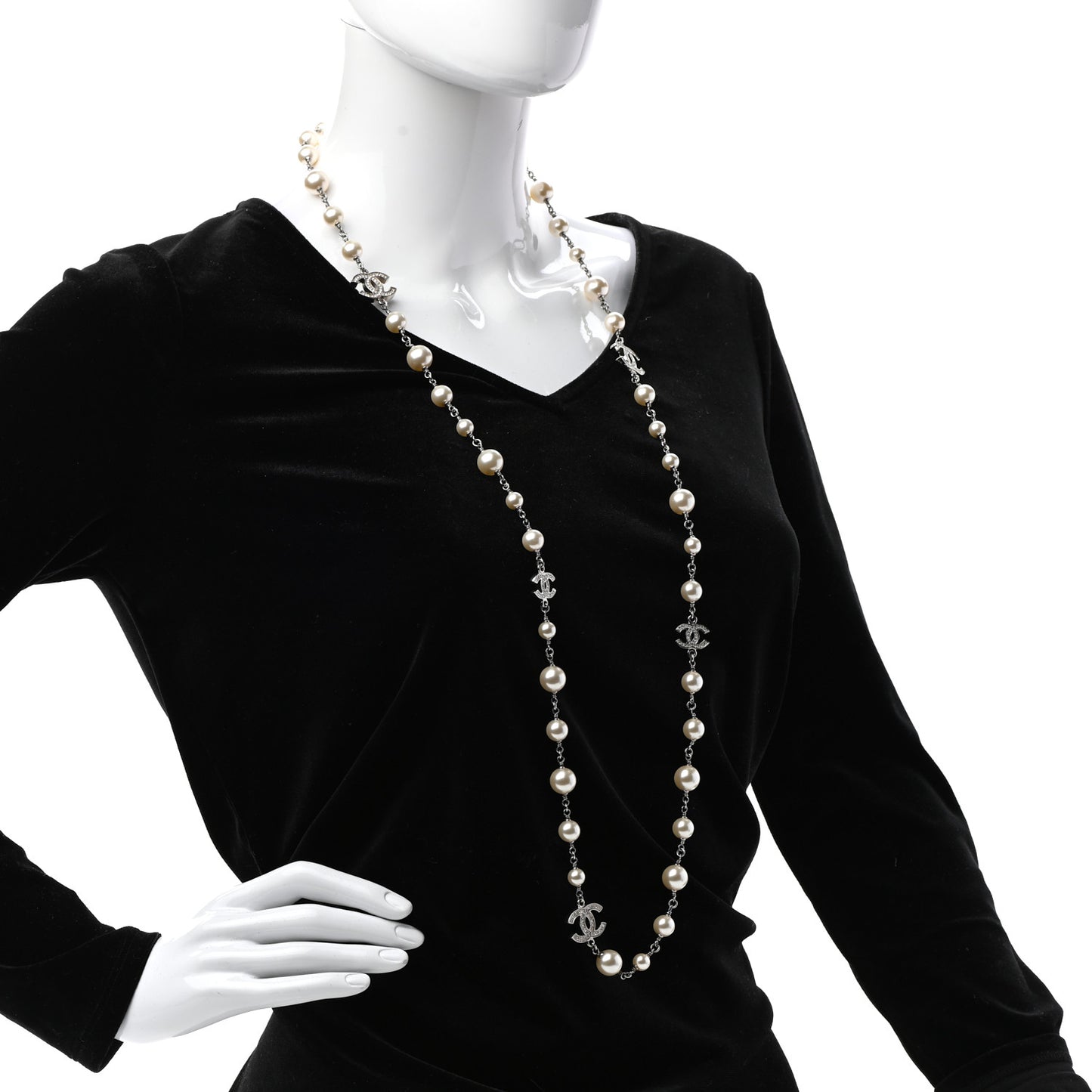 Crystal Pearl CC Necklace Silver