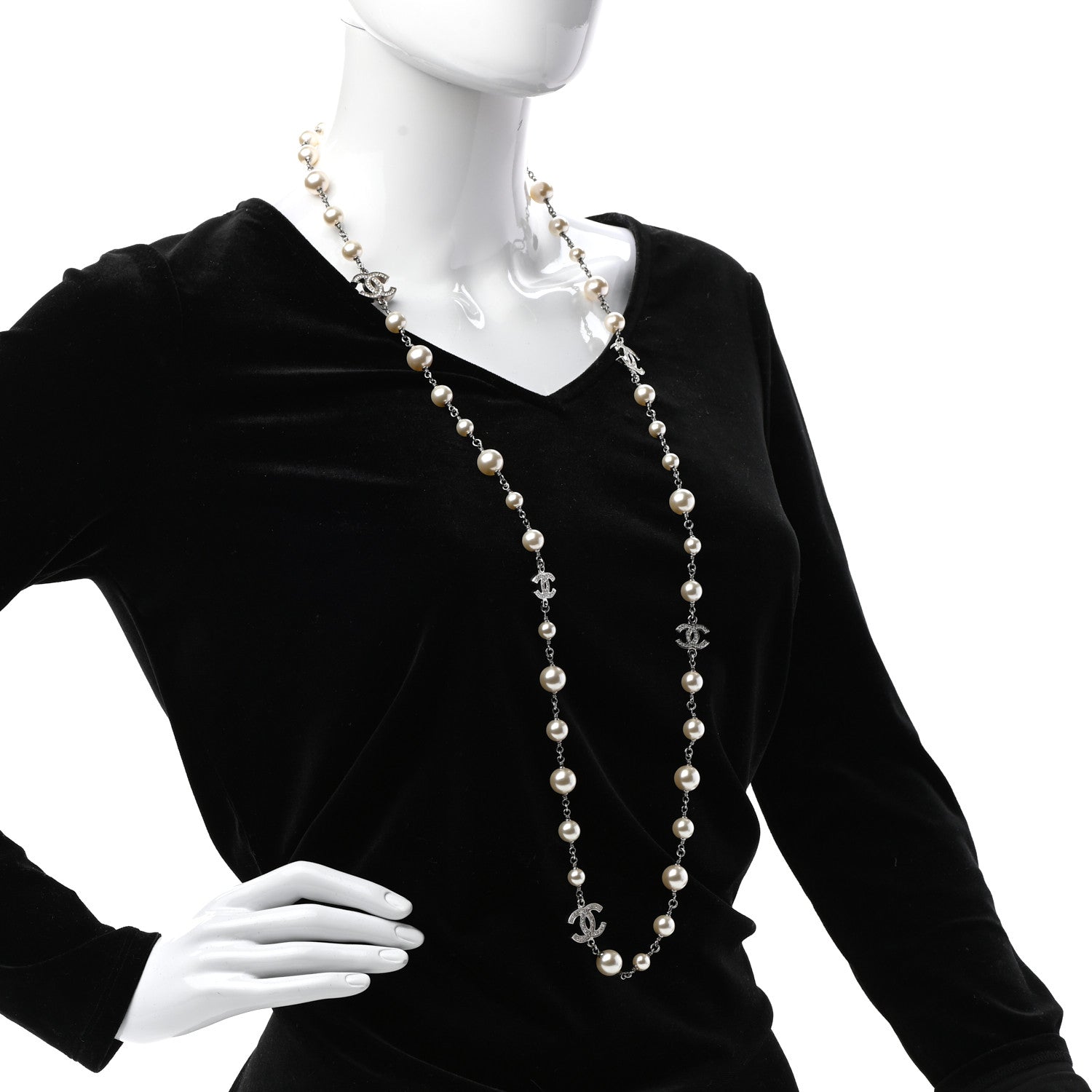 Chanel Crystal Pearl CC Necklace Silver 2 of 4