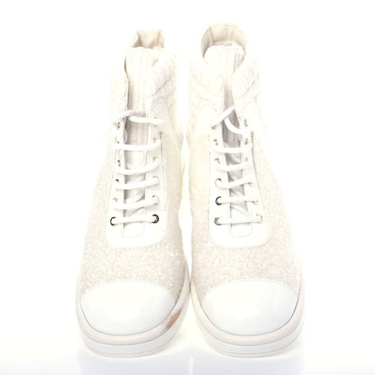 Chanel Tweed Patent Calfskin Velvet Lace Up Boots 41 White 5 of 11