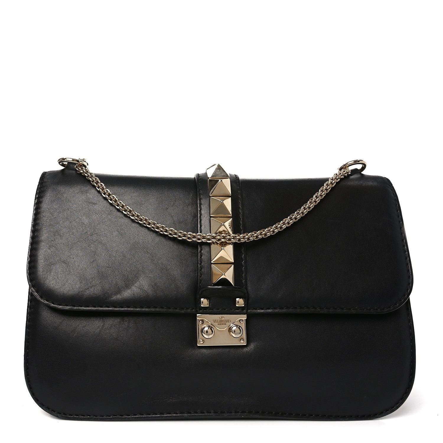Valentino Garavani Vitello Large Glam Lock Rockstud Flap Black