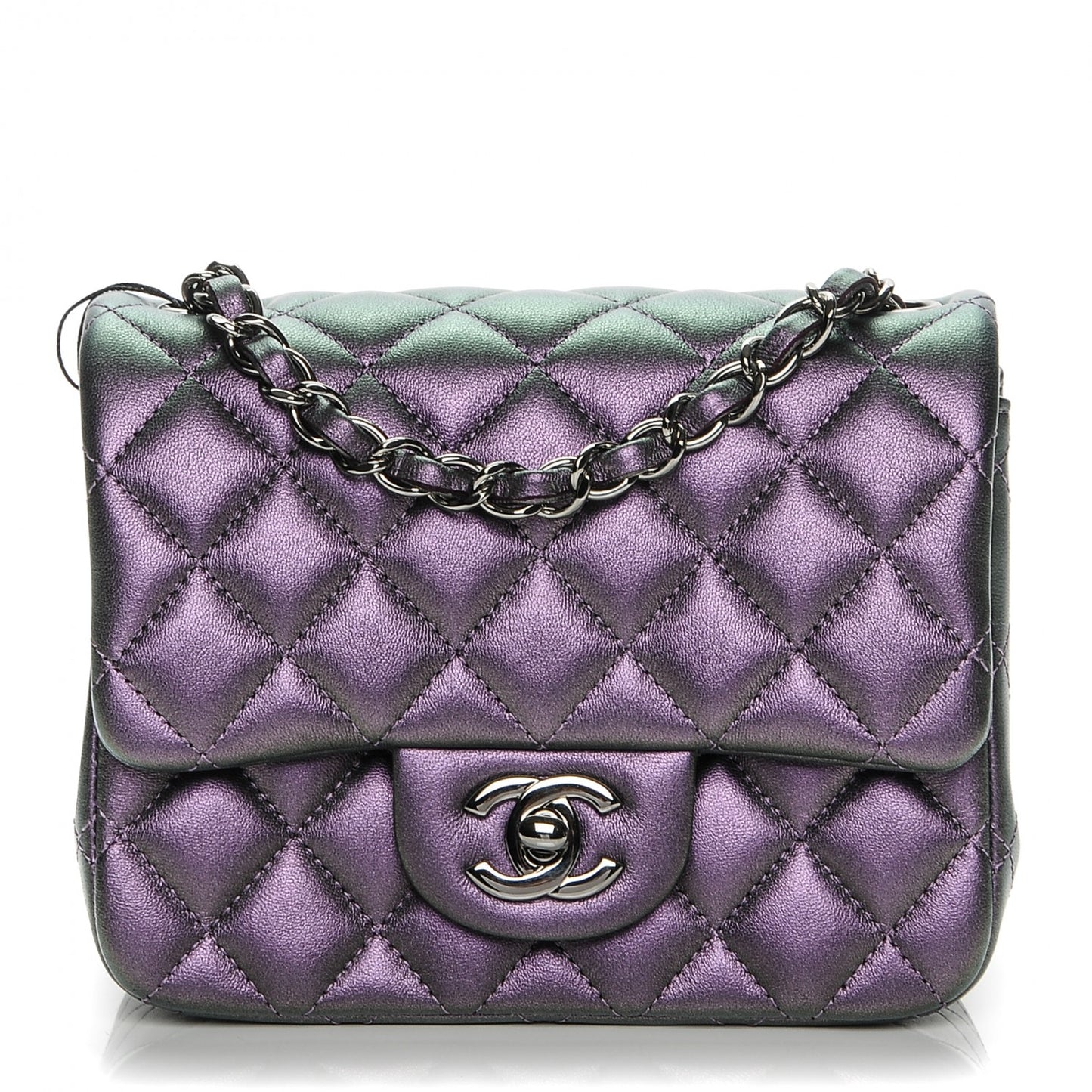 Iridescent Lambskin Quilted Mini Square Flap Dark Purple