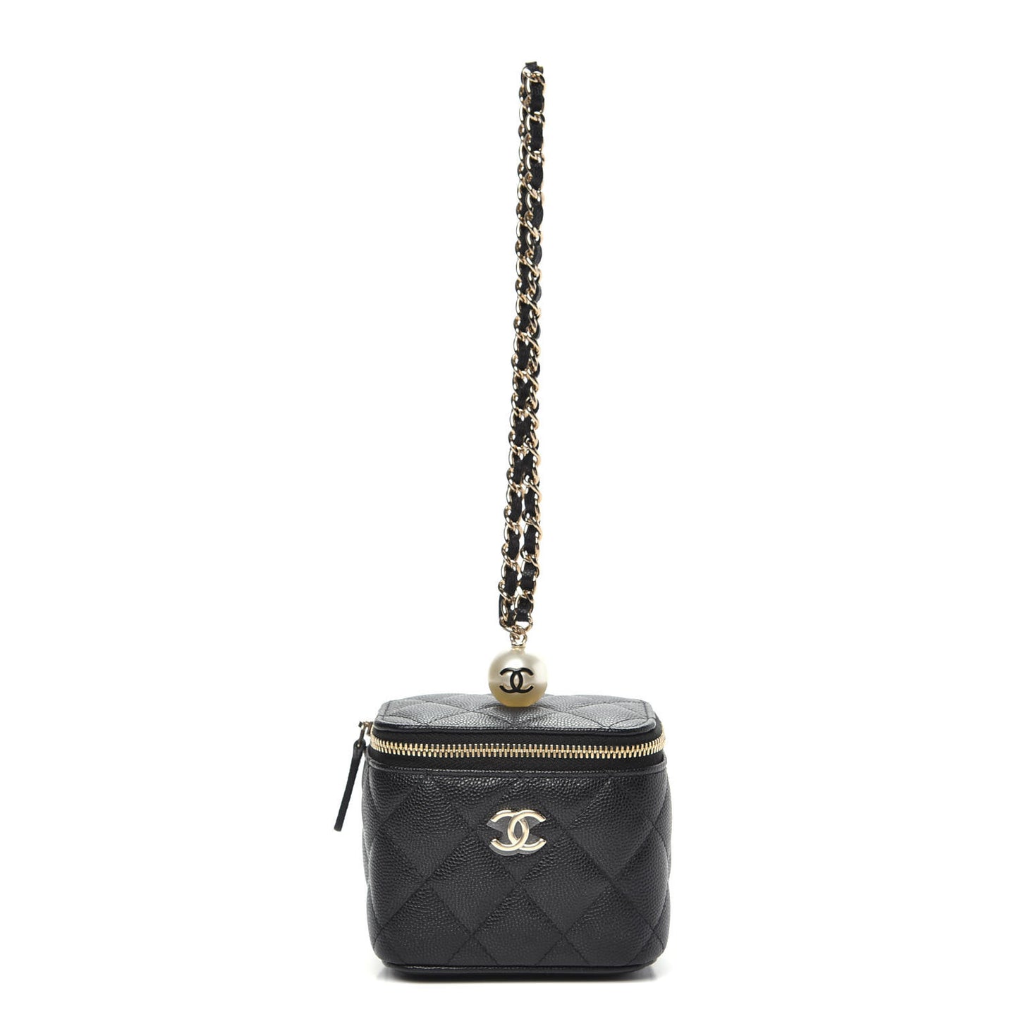 Caviar Quilted Mini Pearl On Top Vanity Case With Chain Black