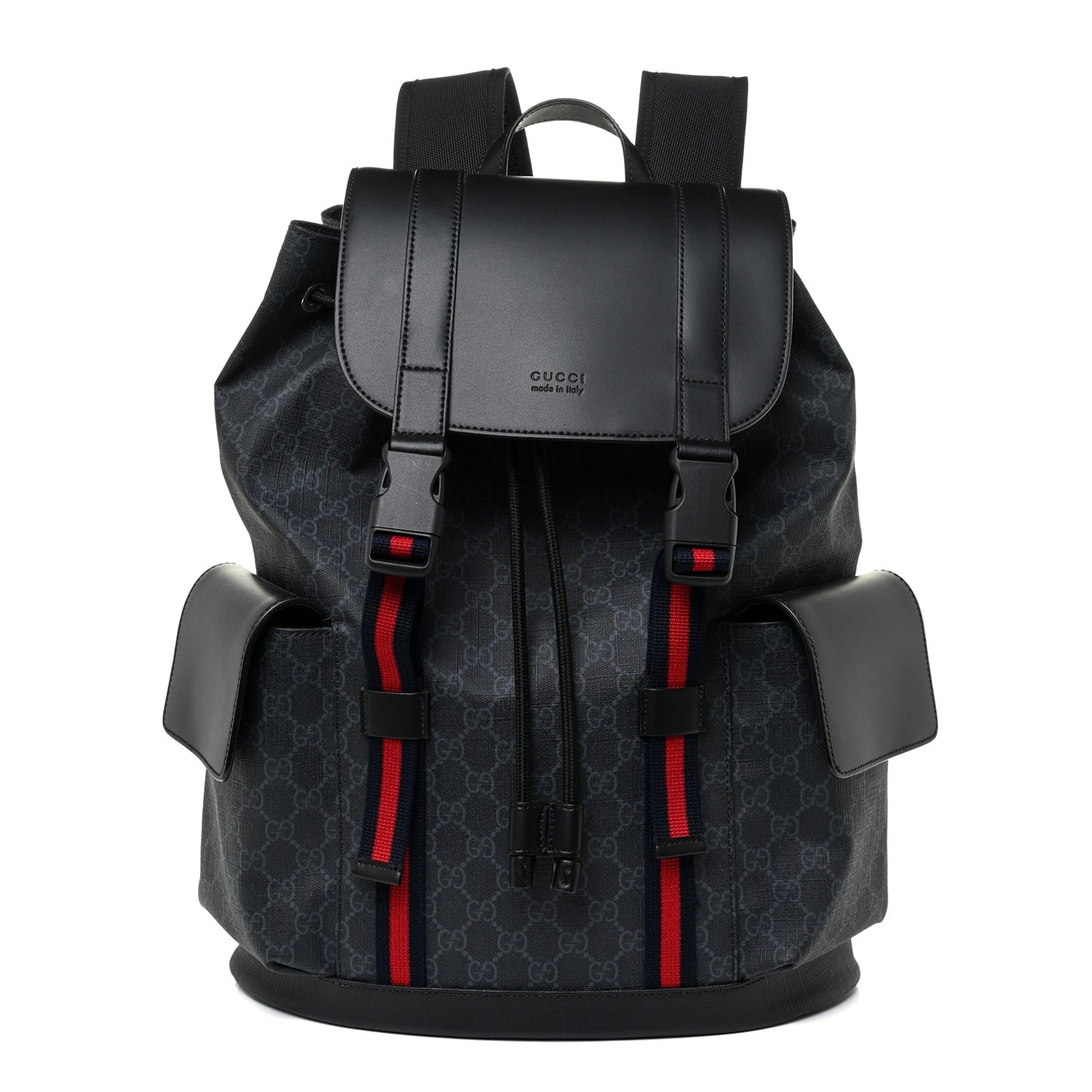 Soft GG Supreme Monogram Appia Calfskin Web Double Buckle Backpack Black