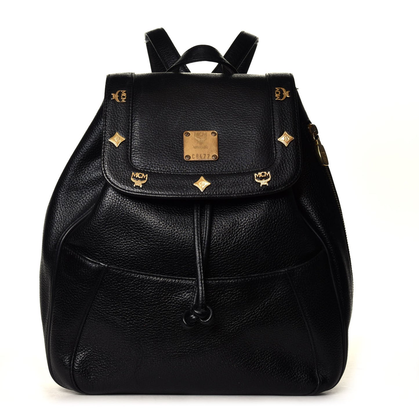 Grained Calfskin Studded Drawstring Backpack Black