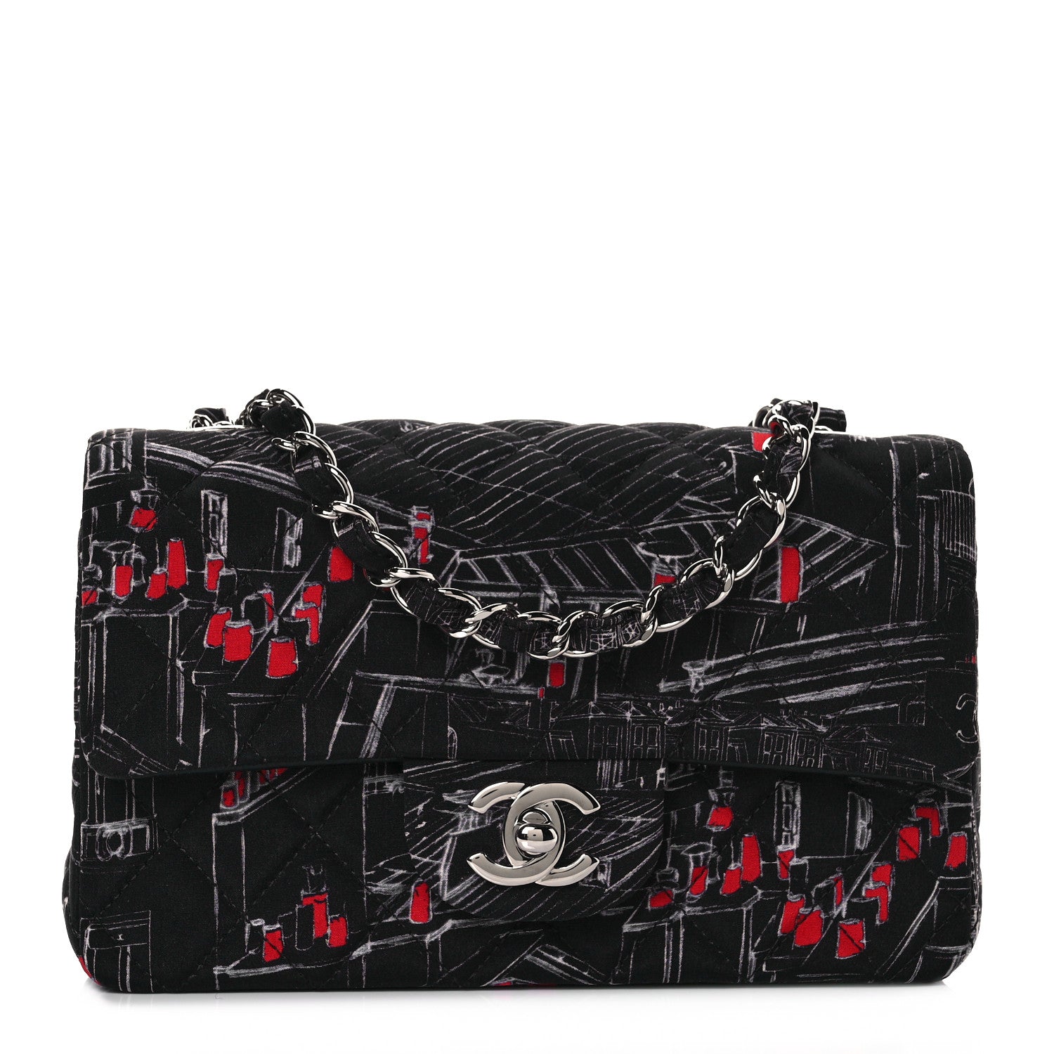 Chanel Fabric Printed Paris Rooftops Quilted Mini Rectangular Flap Black Red White 3 of 30