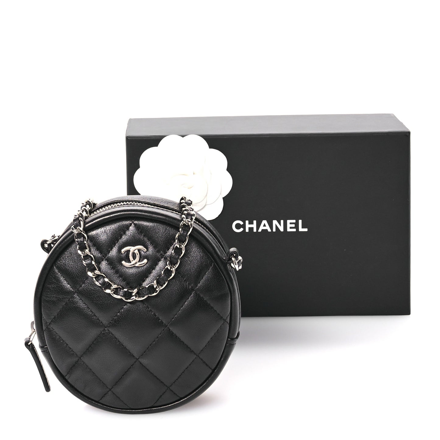 Lambskin Quilted Round Clutch With Chain Black