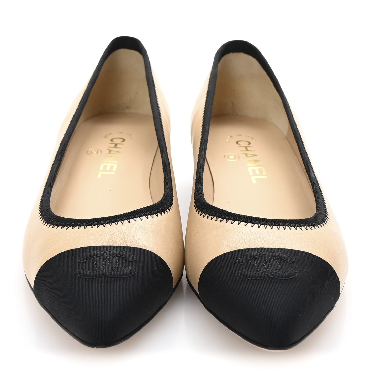 Lambskin Grosgrain Cap Toe Chain Pumps 38 Beige Black