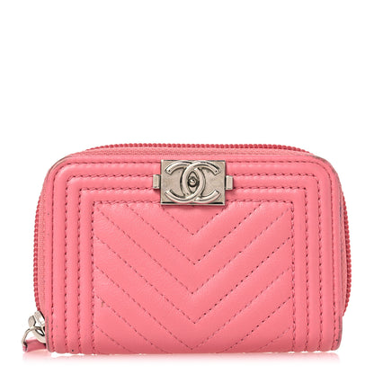 Chanel Calfskin Chevron Quilted Zip Around Boy Coin Purse Wallet Pink 1 of 16