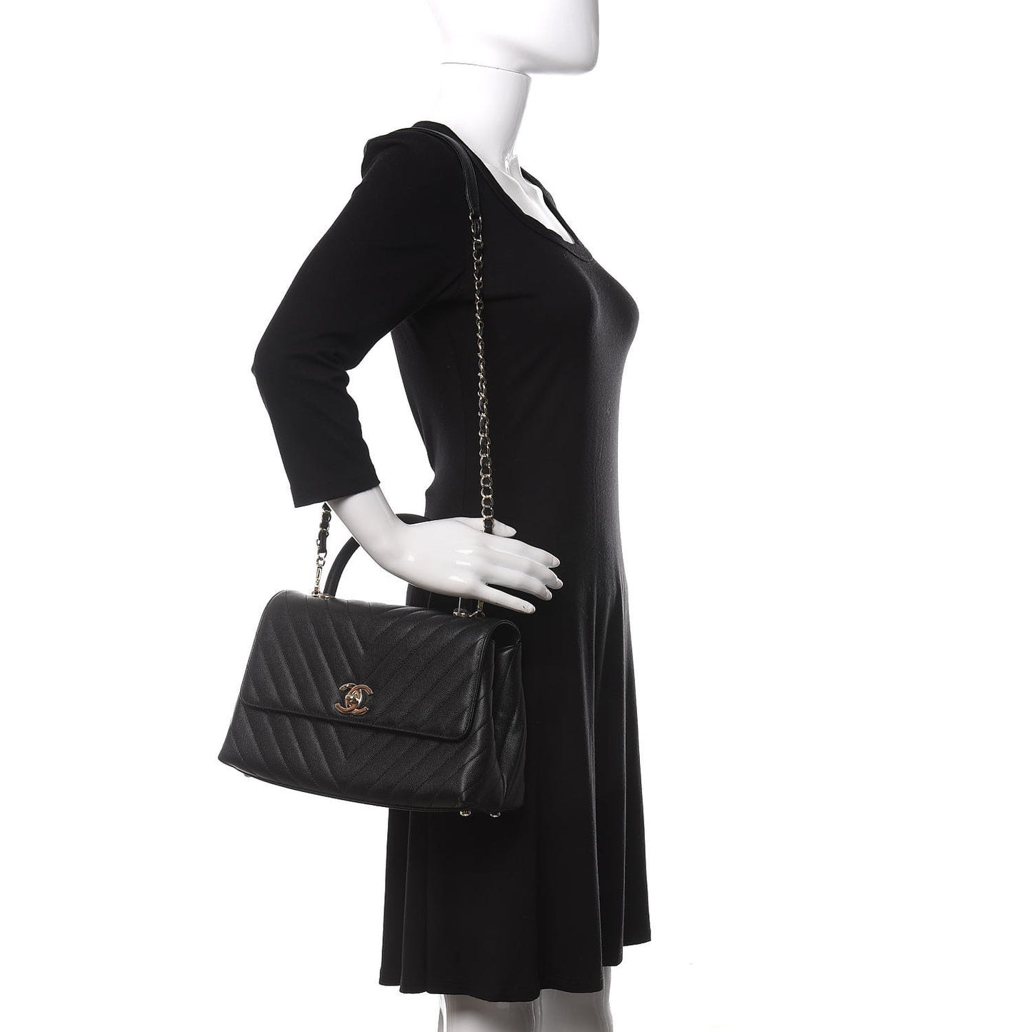 Caviar Chevron Quilted Small Coco Handle Flap Black