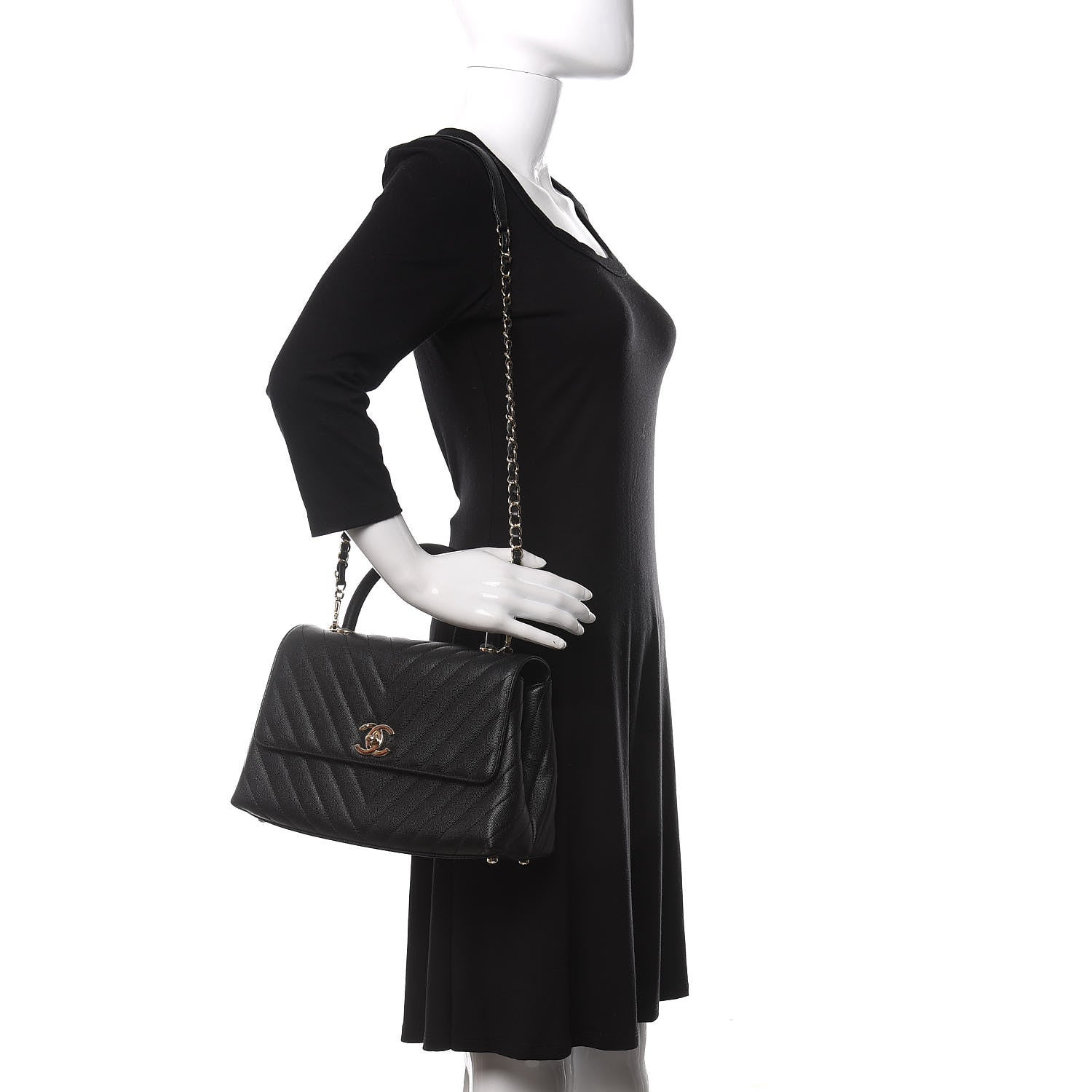 Chanel Caviar Chevron Quilted Small Coco Handle Flap Black 2 of 11