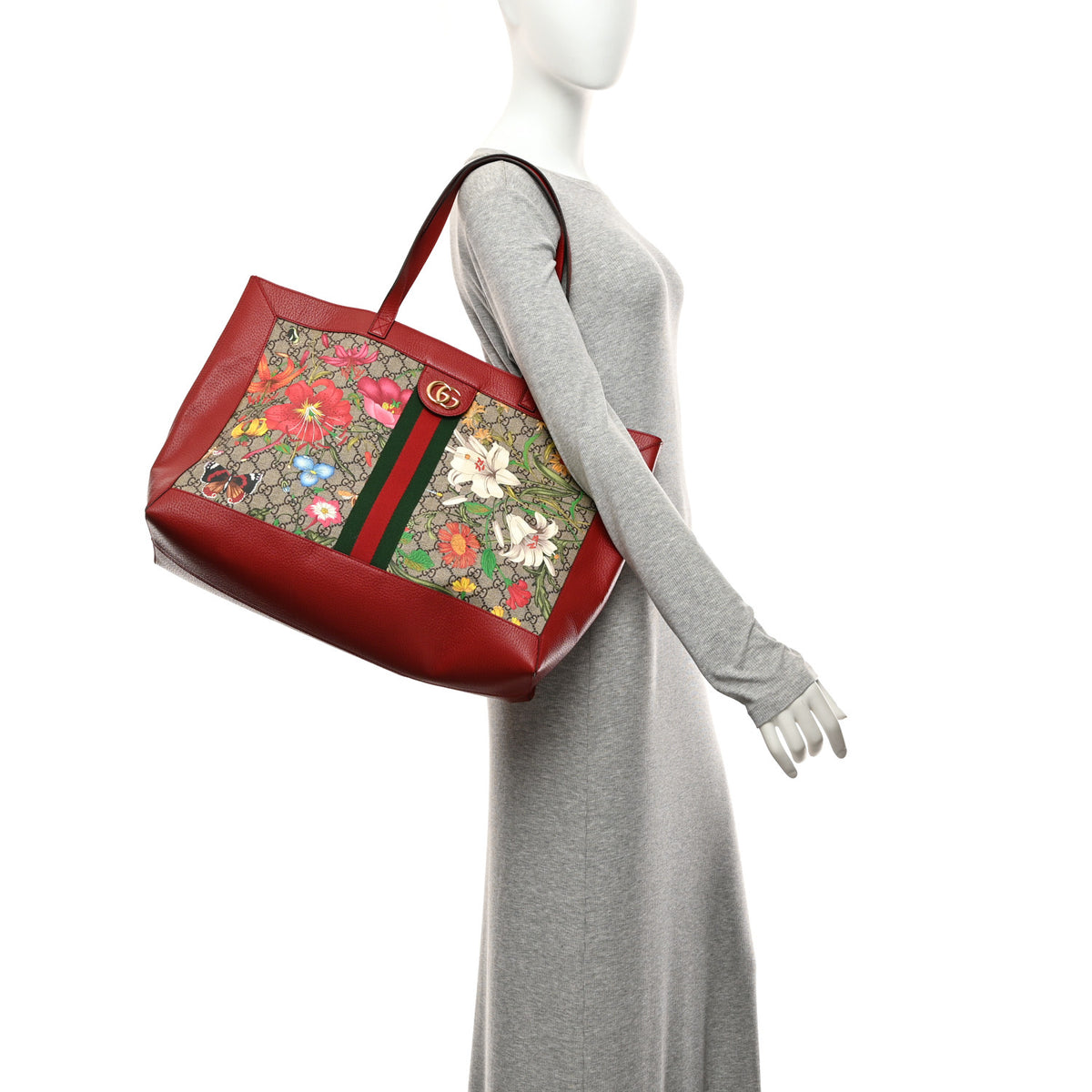 Gucci GG Supreme Monogram Flora Web Large Ophidia Tote Red 2 of 11