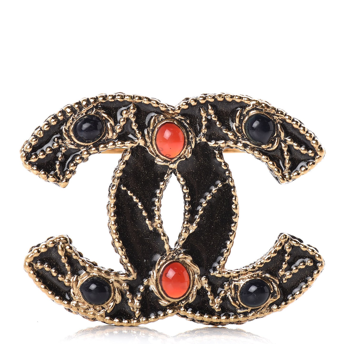Gripoix Poured Glass CC Brooch Black Gold