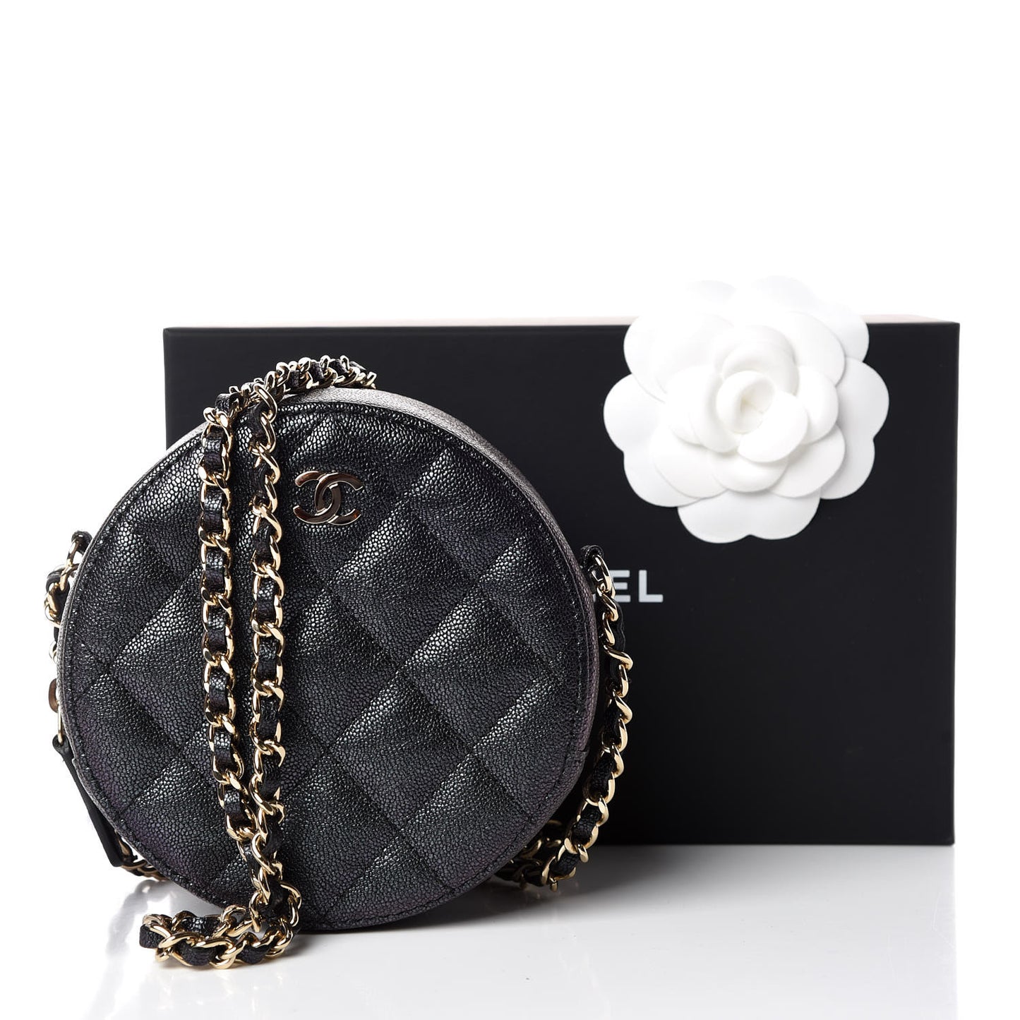Iridescent Caviar Quilted Round Clutch With Chain Black