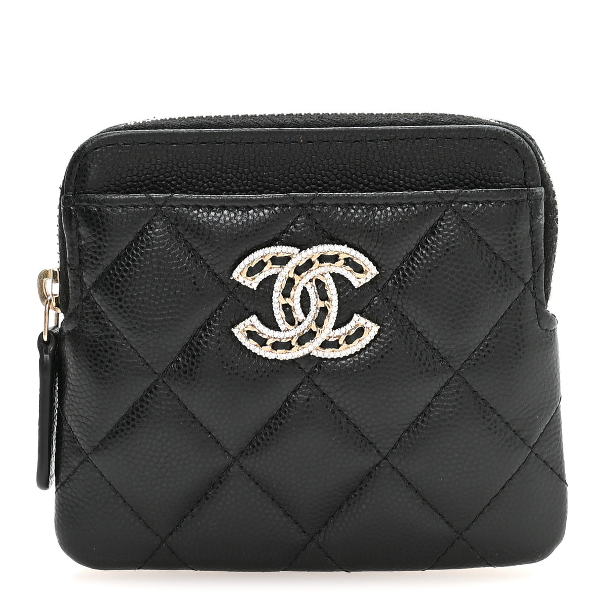 Caviar Quilted Crystal Zip Card Holder Wallet Black