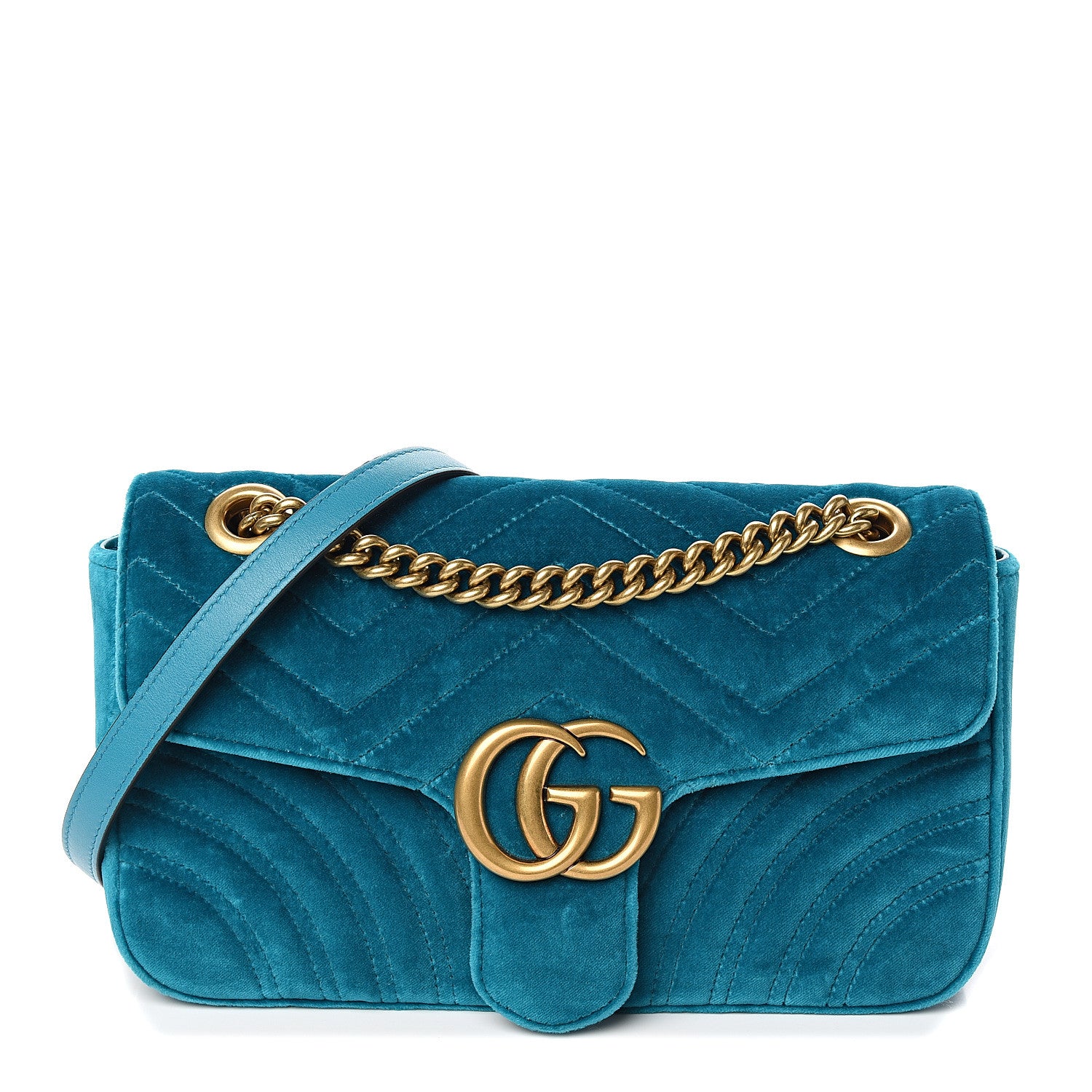 Gucci Velvet Matelasse Small GG Marmont Shoulder Bag Pavone Cyan 1 of 8