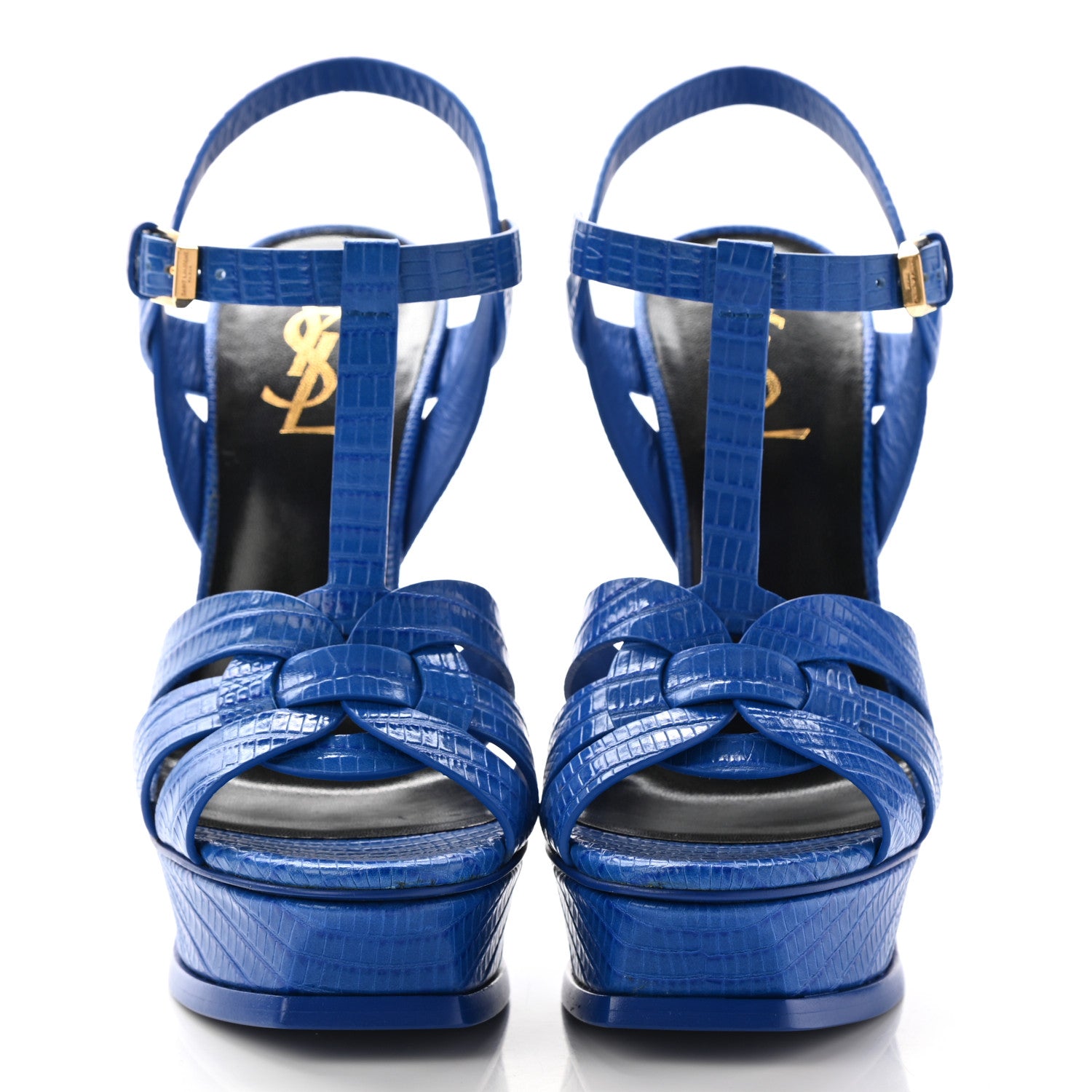 Saint Laurent Calfskin Crocodile Embossed Tribute 105 Platform Sandals 36 Royal Blue 2 of 7