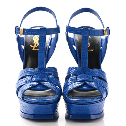 Saint Laurent Calfskin Crocodile Embossed Tribute 105 Platform Sandals 36 Royal Blue 2 of 7