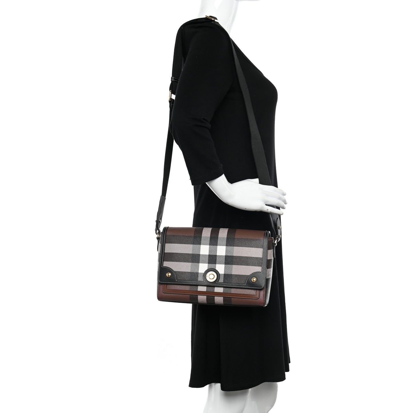 Calfskin Giant Check E-Canvas Note Crossbody Bag Dark Birch Brown