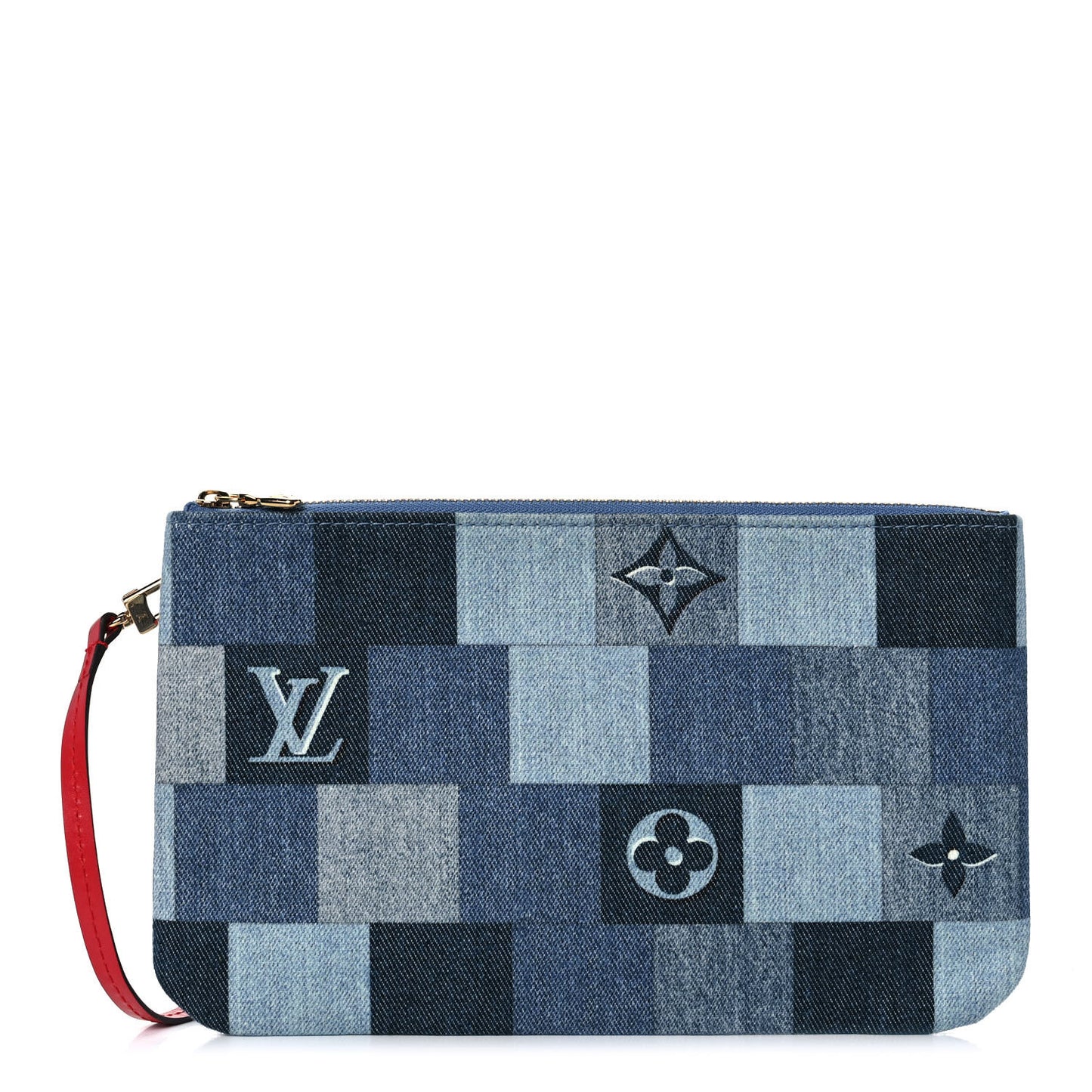Denim Damier Monogram Patchwork Neverfull MM Pochette Blue Rouge