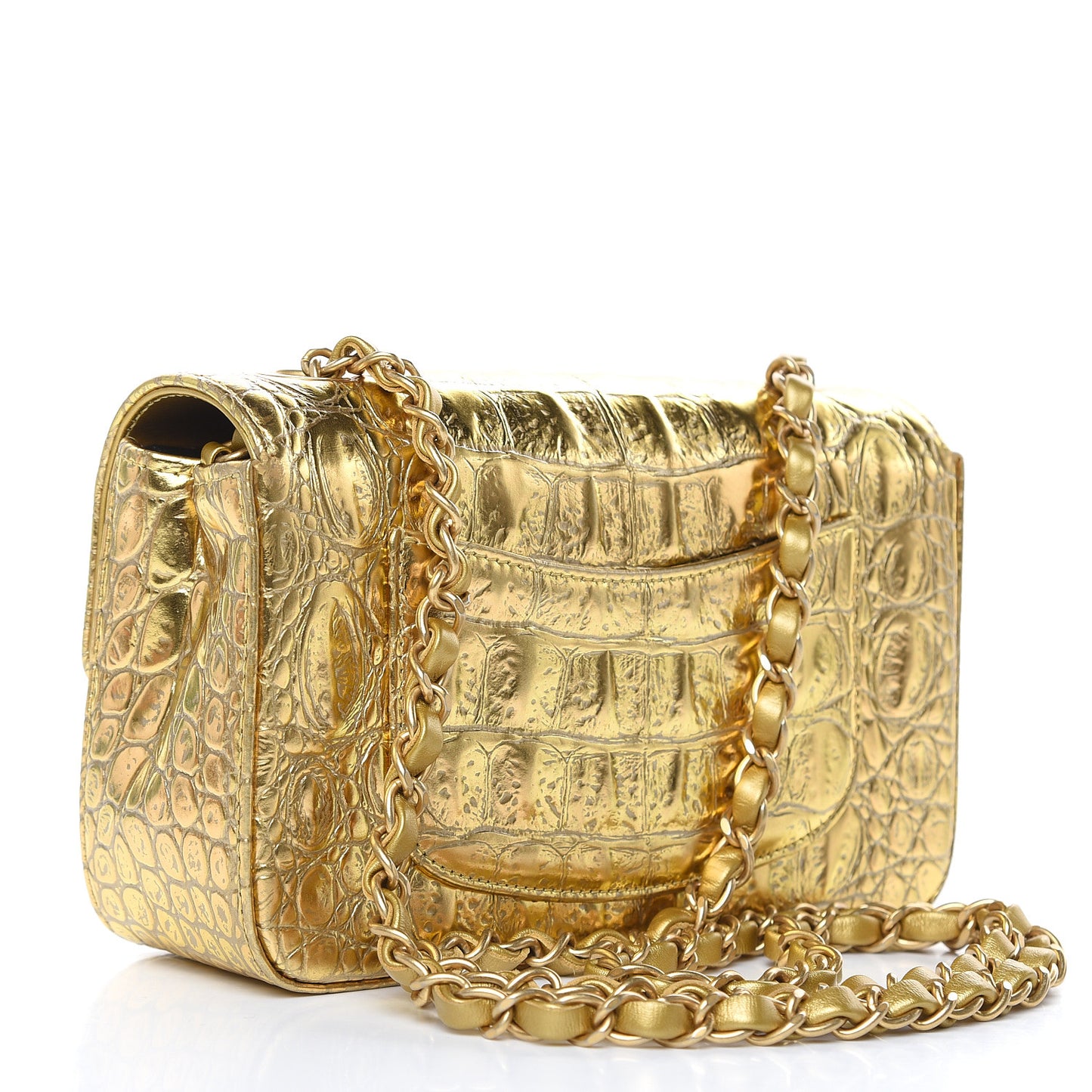Metallic Calfskin Crocodile Embossed Cocodile Rectangular Mini Flap Gold