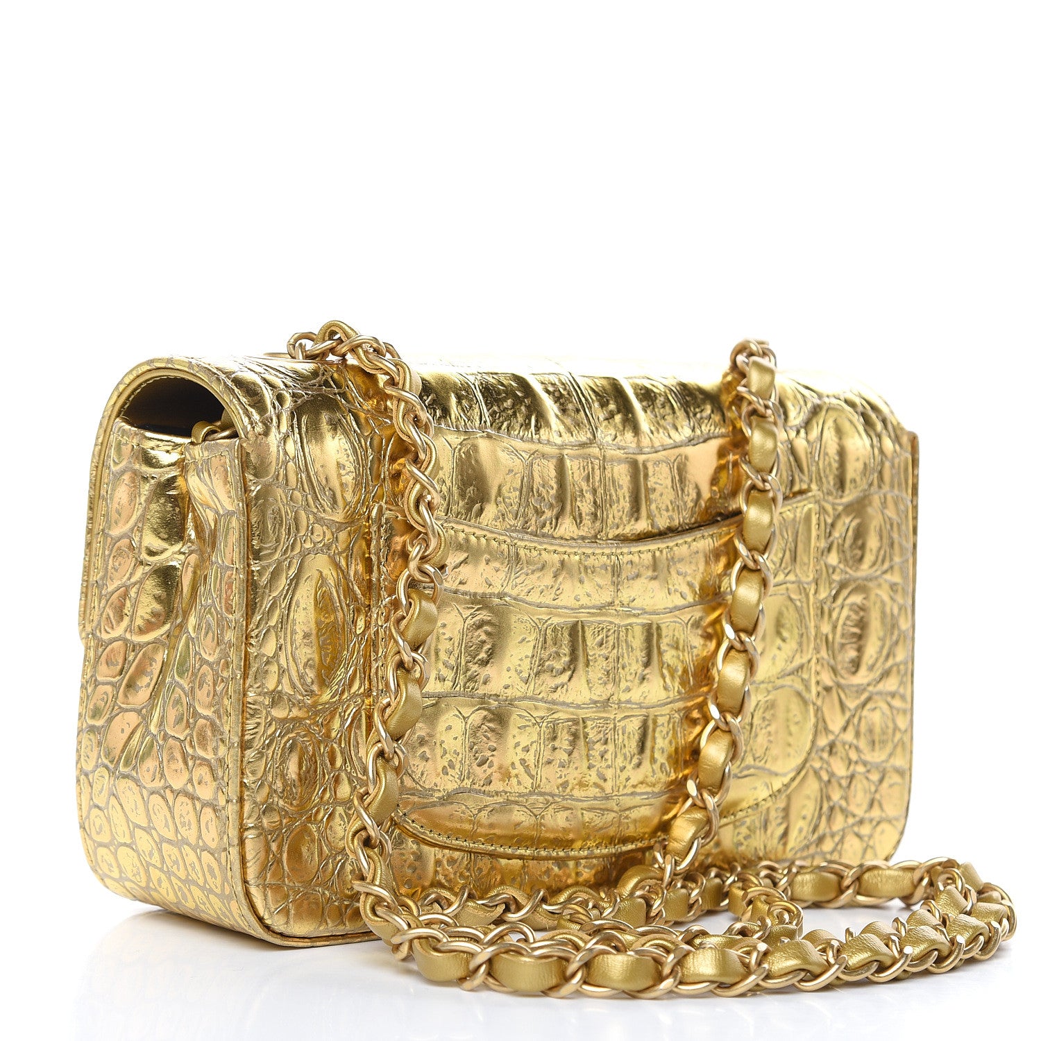 Chanel Metallic Calfskin Crocodile Embossed Cocodile Rectangular Mini Flap Gold 3 of 13