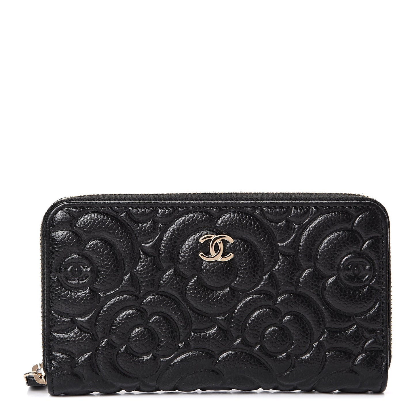 Caviar Camellia Embossed Medium Zip Around Wallet Black