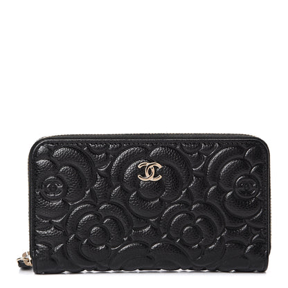 Chanel Caviar Camellia Embossed Medium Zip Around Wallet Black 1 of 8