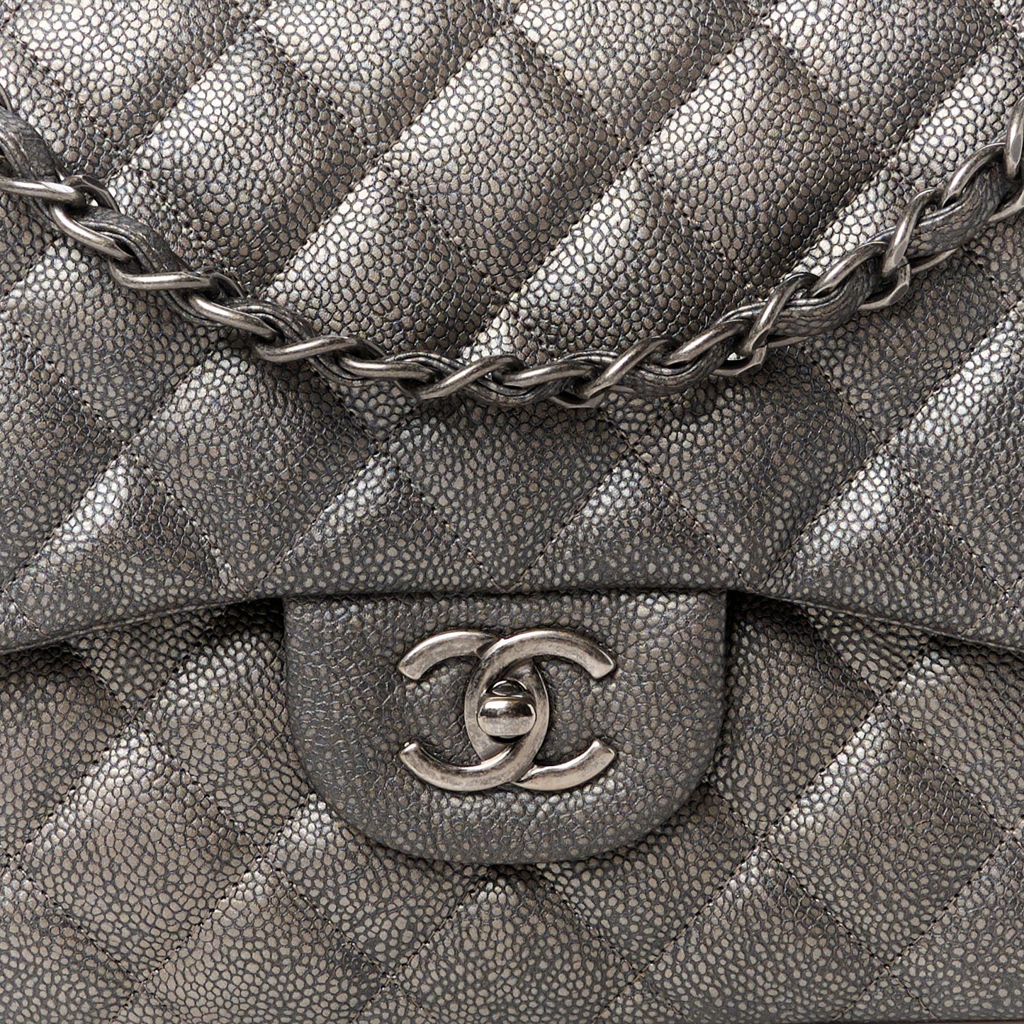 Metallic Caviar Quilted Jumbo Double Flap Dark Silver