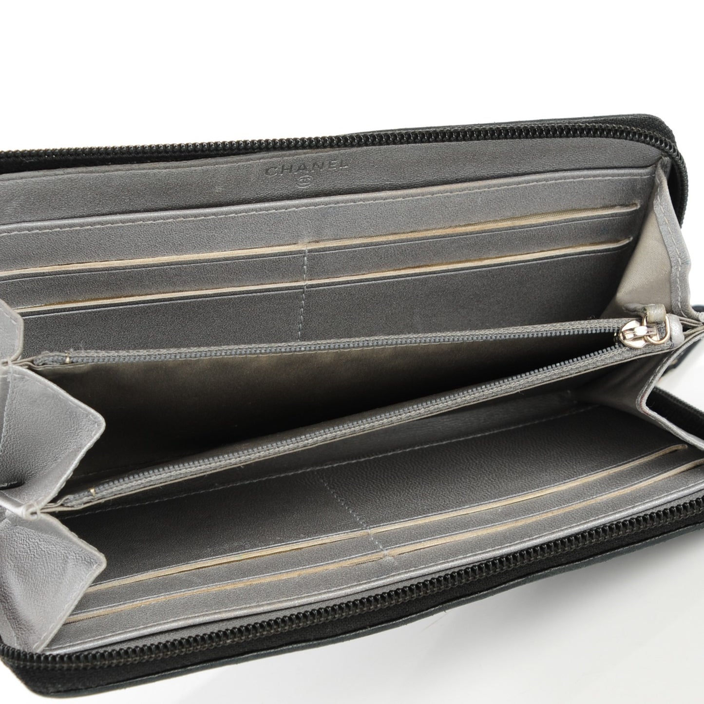 Lambskin Camellia Embossed Large Zip Around Gusset Wallet Black