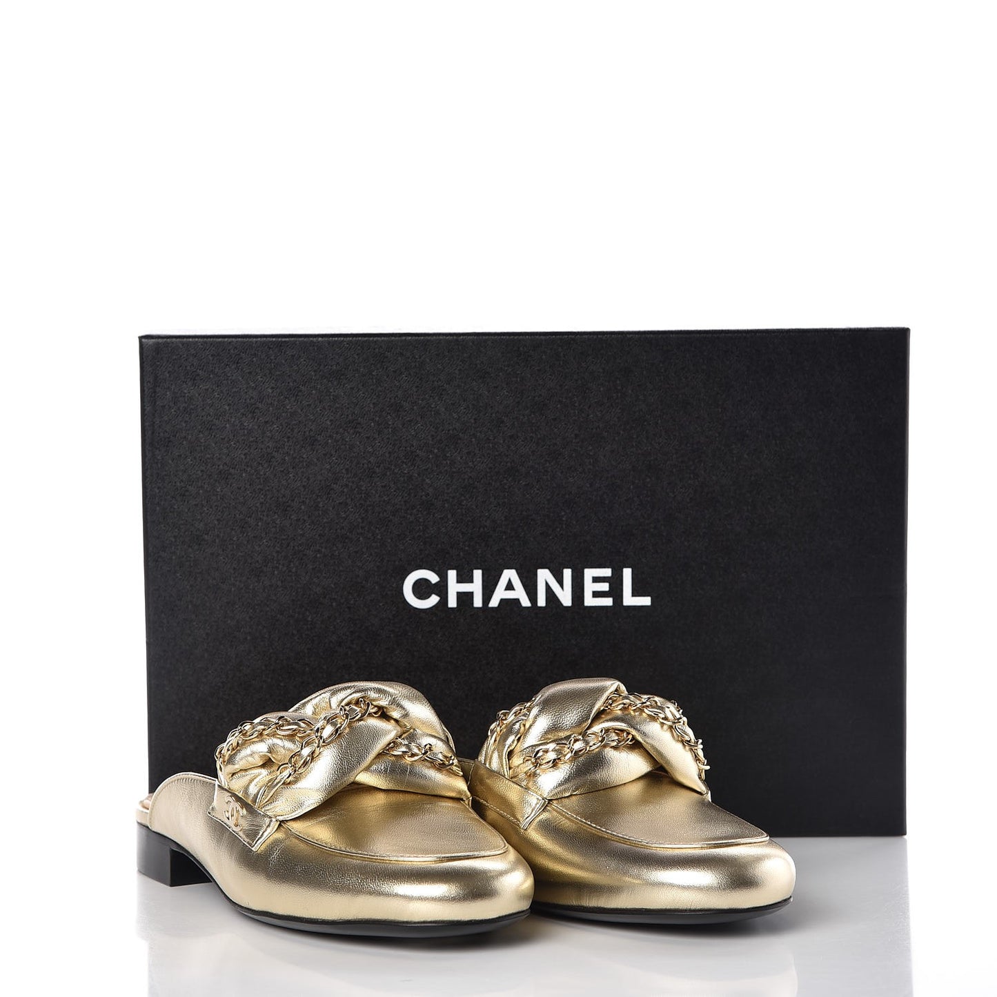 Metallic Lambskin Chain Braided Mules 37 Light Gold