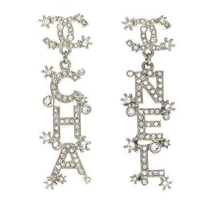 Chanel Crystal Cha-Nel Logo Drop Earrings Silver 1 of 4