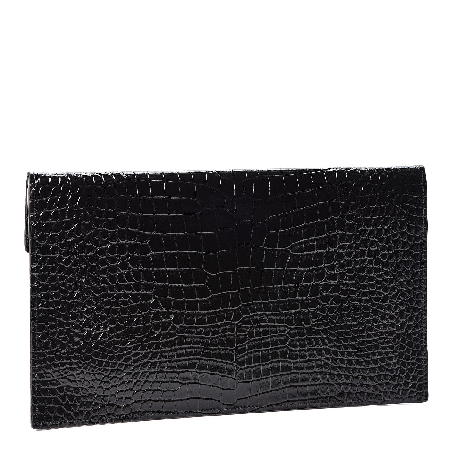 Saint Laurent Calfskin Crocodile Embossed Uptown Monogram Clutch Black 2 of 9