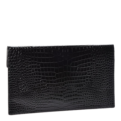 Saint Laurent Calfskin Crocodile Embossed Uptown Monogram Clutch Black 2 of 9