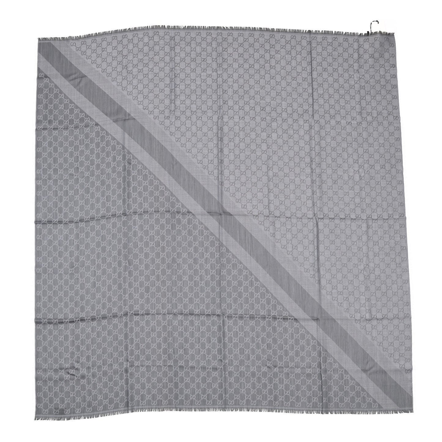 Wool Silk Monogram GGWeb Fringe Shawl Pearl Medium Grey