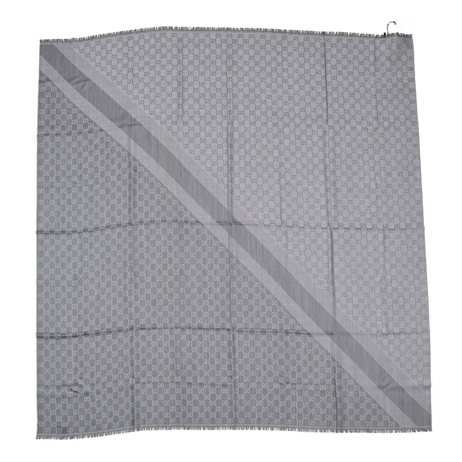 Gucci Wool Silk Monogram GGWeb Fringe Shawl Pearl Medium Grey 1 of 3