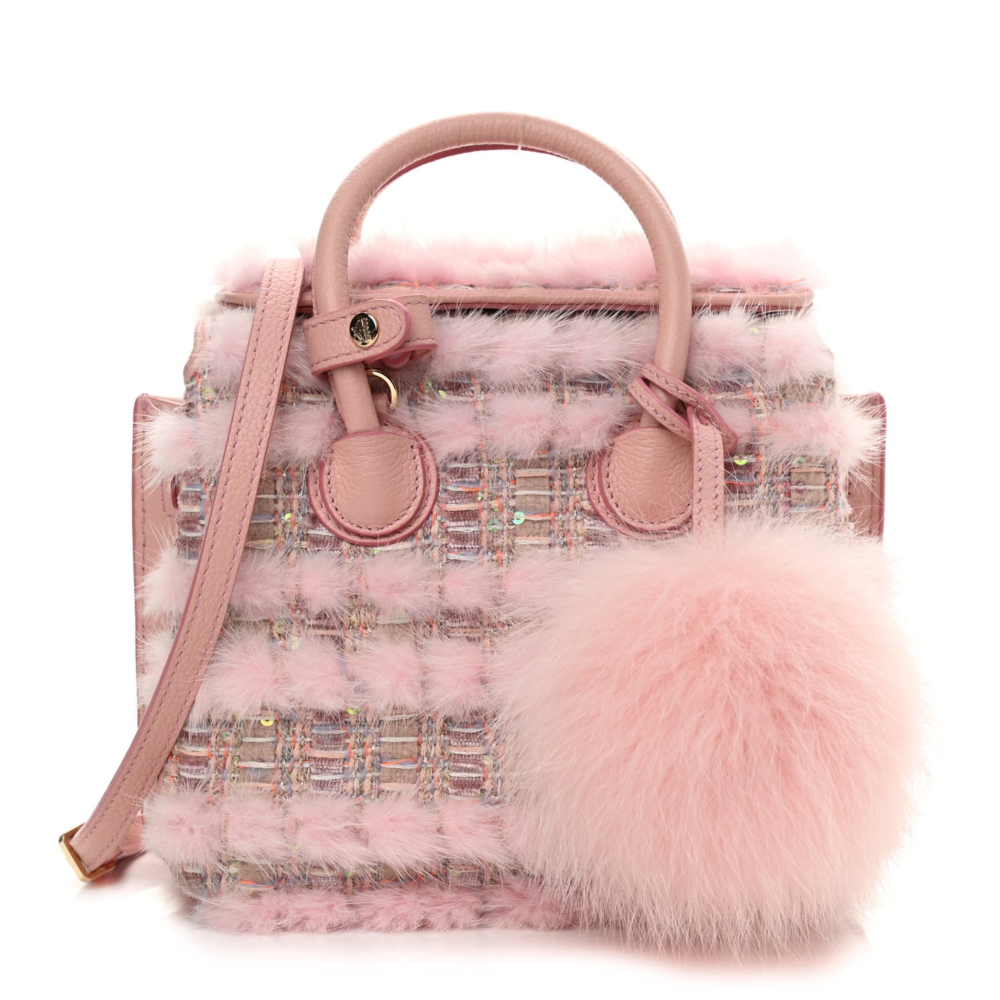 Tweed Mink Fur Sequin Mini Tote Pink Blush