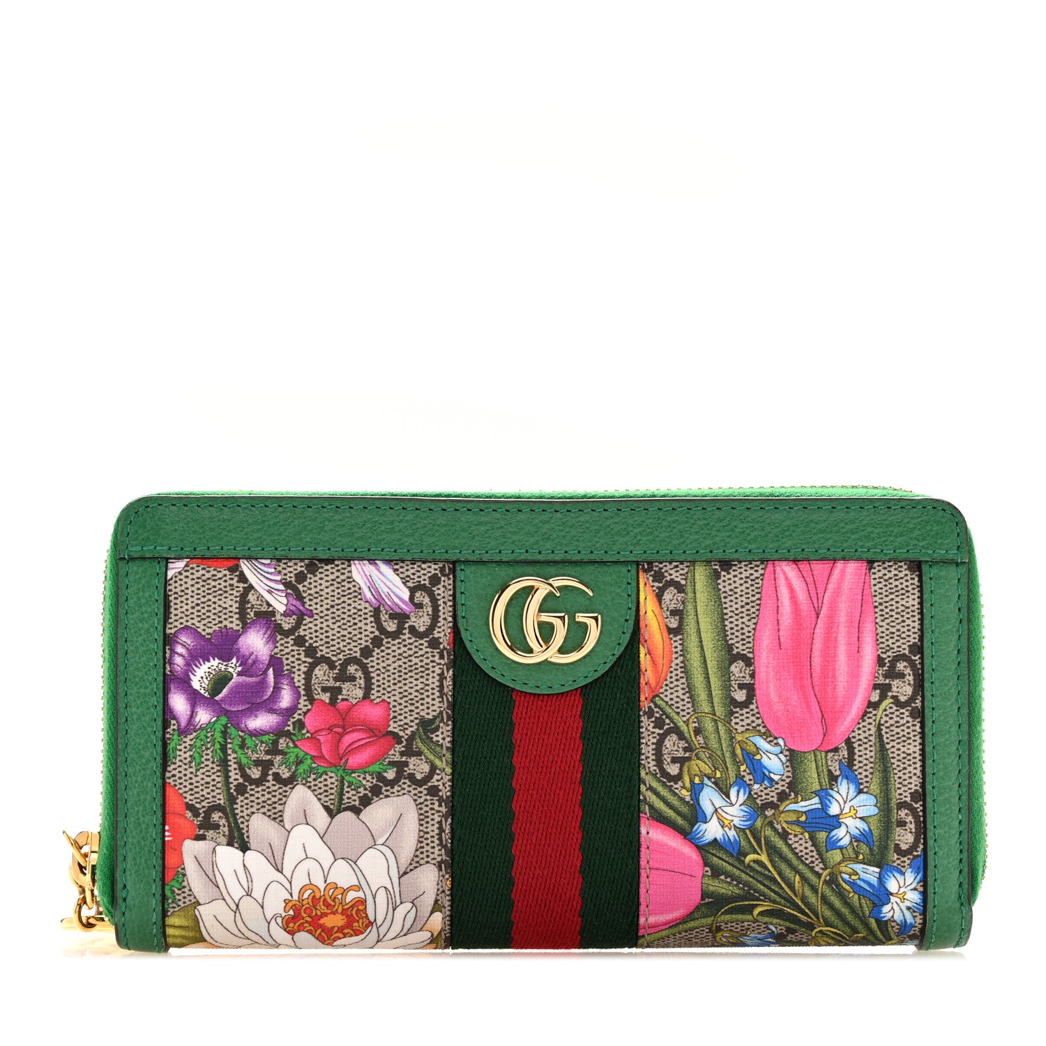 Gucci GG Supreme Monogram Flora Ophidia Zip Around Wallet Green 1 of 6