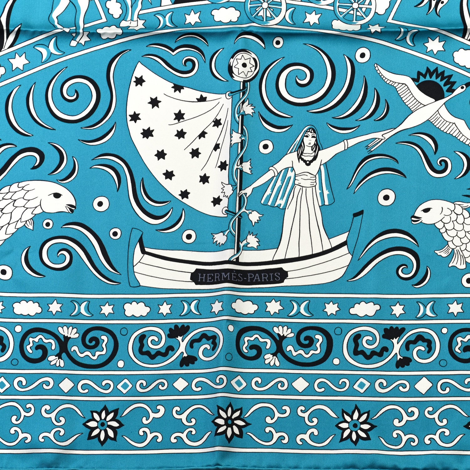 Hermes Silk Peuple Du Vent Bandana Scarf 140 Turquoise Black White 3 of 6