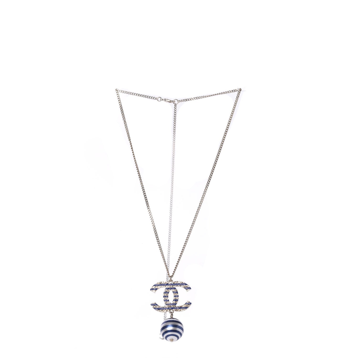 Chanel Resin Pearl Striped CC Drop Necklace Blue Gold 4 of 7