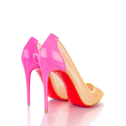 Christian Louboutin Lace Patent Raphia Follies 100 Pumps 37 Shocking Pink 4 of 9